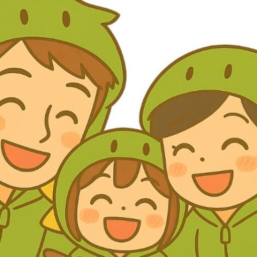恐竜の着ぐるみの子どもとマスパパ・マスママ